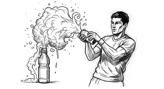 Man aggressively shaking carbonated bottle causing explosive fizz.