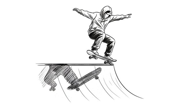 Skateboarder performing daring trick on halfpipe ramp illustration.