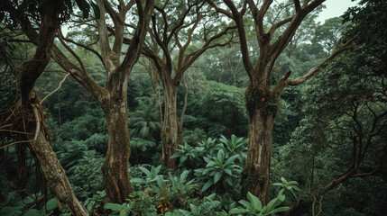 Fototapeta premium Ancient rainforest trees with verdant understory evoking calm and mystery
