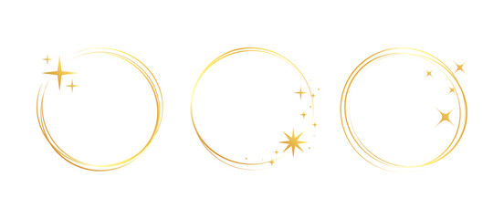 Obraz premium Gold frame golden ring set. Hand drawn golden round glitter line circular border with light sparkle. Luxury whimsical wedding jewelry glow flare decoration snowflake star. Vector illustration