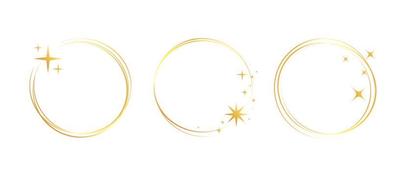 Gold frame golden ring set. Hand drawn golden round glitter line circular border with light sparkle. Luxury whimsical wedding jewelry glow flare decoration snowflake star. Vector illustration