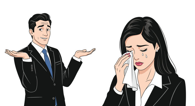 Concerned businessman shrugging his shoulders while a crying businesswoman in a black suit wipes her eyes with a white tissue.