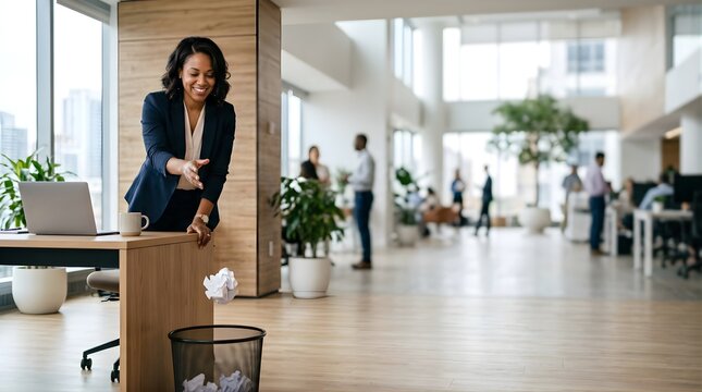 Professional woman throwing crumpled paper into a bin in an office