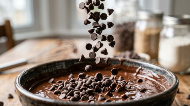 Chocolate chips falling into a bowl of brownie batter, baking preparation.