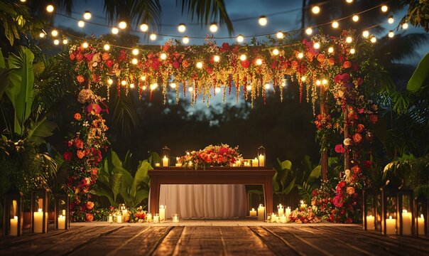 Romantic Outdoor Wedding Reception: Night Altar Decoration with Warm String Lights and Candles