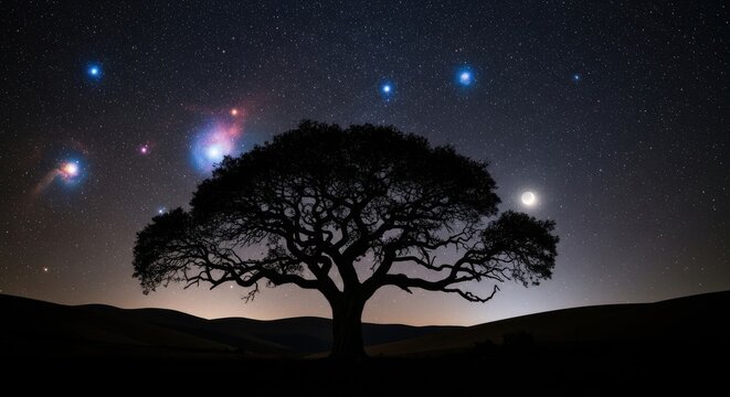 Ancient Tree Silhouetted Against Starry Night Sky With Moon