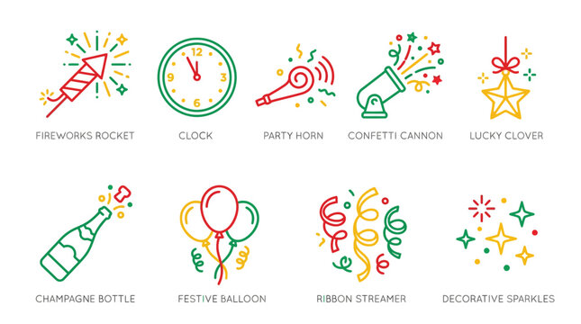 Colorful line art icons for celebration, party, and New Year's Eve events, featuring fireworks, champagne, balloons, and confetti.