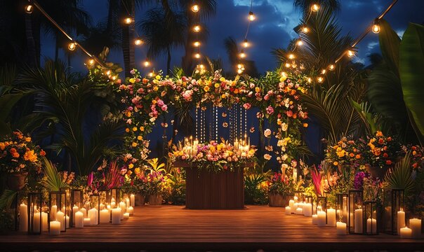 Romantic Outdoor Wedding Reception: Night Altar Decoration with Warm String Lights and Candles