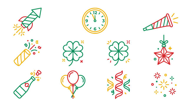 A vibrant collection of festive line icons for New Year's Eve celebrations, featuring fireworks, clocks, party horns, champagne, balloons, and lucky clovers.