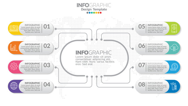 Infograph 8 element with center circle. graphic chart diagram, business timeline graphic design with icons.