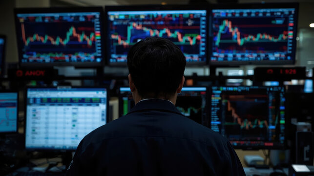 Trader monitors trading floor with multiple market charts and dim lighting