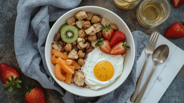 Sunny fried egg with strawberries, kiwi, apricot and mixed cereal bowl creating mindful morning