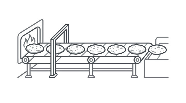 Industrial naan bread baking assembly line illustration.