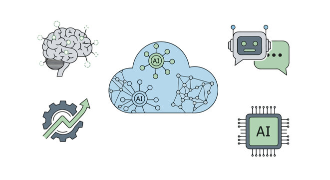 Conceptual imagery depicting artificial intelligence technology advancement symbolized by a brain network and chip processing data within a digital cloud alongside growth charts and