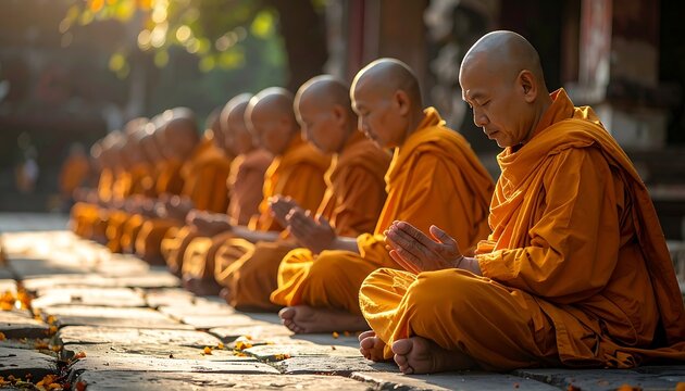 Buddhist monks in orange robes meditating.