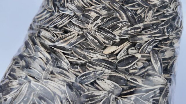 Detailed view of raw unpeeled sunflower seeds inside a transparent plastic pouch package layout, isolated on a bright white studio backdrop.
