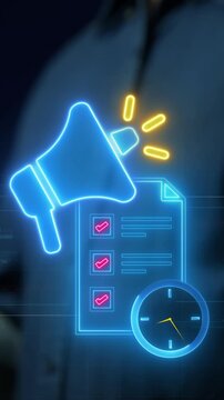 Marketing Plan concept, strategy operational document that an organization will implement to generate lead and reach its target market. Businessman shows Planning icon with megaphone on virtual screen