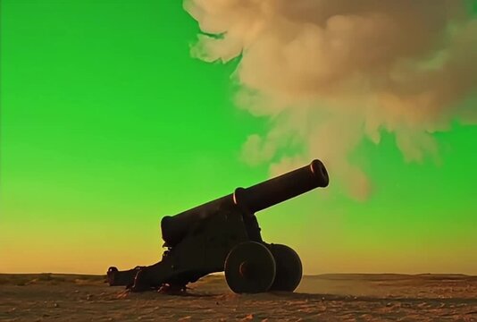 A heavy black vintage cannon on wheels discharges an enormous fiery orange explosion with billowing smoke into a vivid clear sky