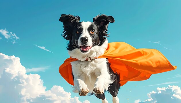 Dog with cape soaring amid fluffy clouds and bright blue skies, seemingly flying