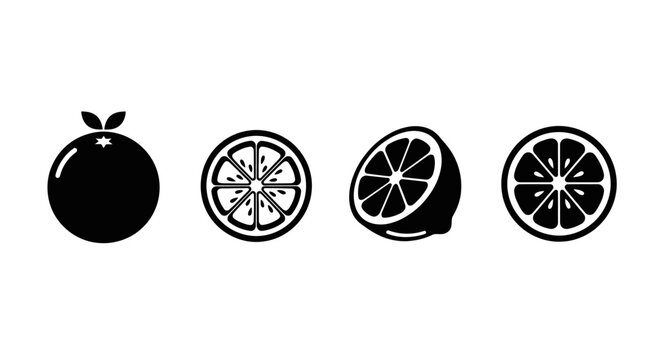 Black and White Citrus Fruit Icons: Orange, Lemon, Lime Slices
