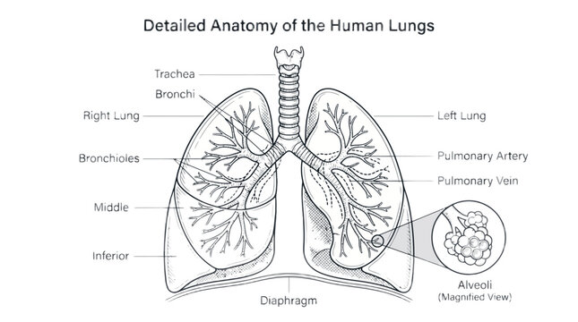 Detailed anatomical illustration of human lungs with labeled parts