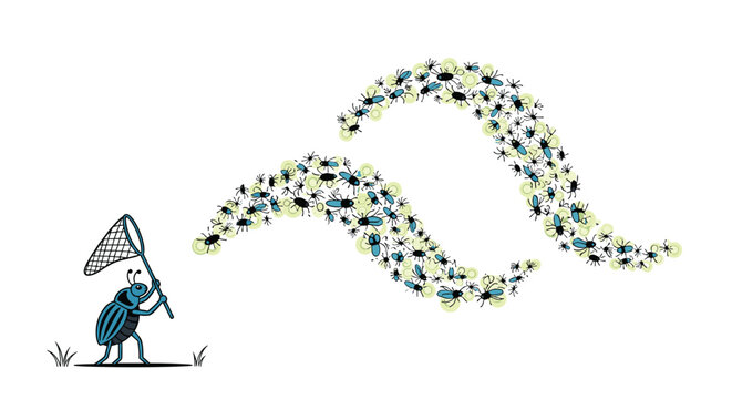 Large blue beetle wearing a hat and holding a butterfly net tries to catch a swarm of glowing fireflies in a dark nature scene.