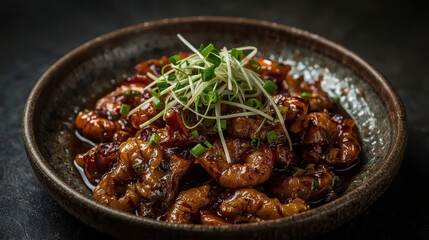 Fototapeta premium Glazed stir fried shrimp with charred edges and microgreens garnish, rich savory sauce