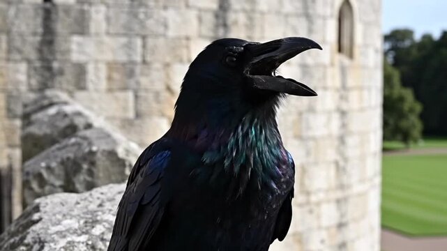 Close-up of a majestic raven perched on a stone wall, showcasing iridescent feathers and uttering a call with its beak open