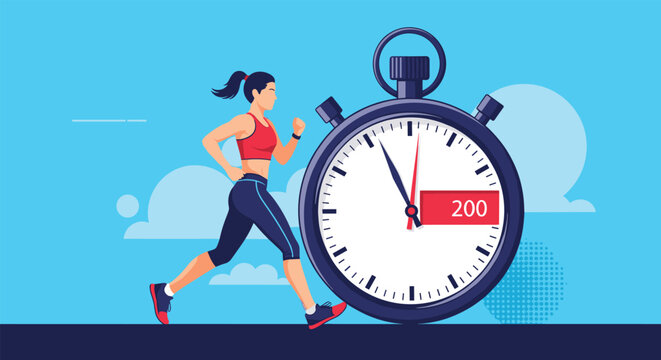 Active woman in athletic wear runs past a large stopwatch timer on a bright blue background to track her fitness performance.