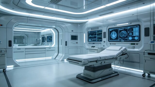 Futuristic medical bay with sterile surfaces and integrated 