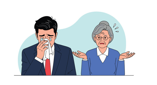 Businessman crying into a tissue while an elderly woman shrugs in indifference depicts a difficult conversation or relationship.