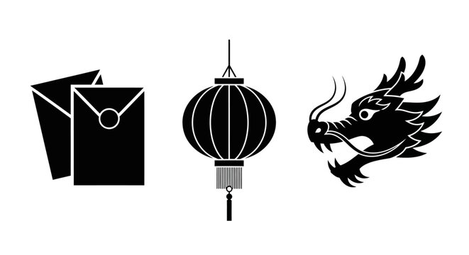 Chinese New Year Icons: Red Envelope, Lantern, Dragon Head Silhouette