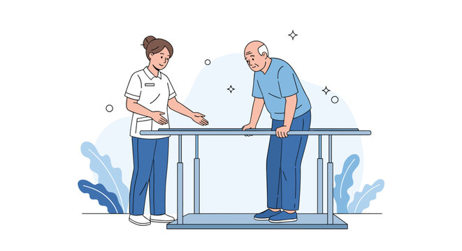 Supportive nurse helps an elderly man use parallel bars during his physical therapy session in a bright rehabilitation center.