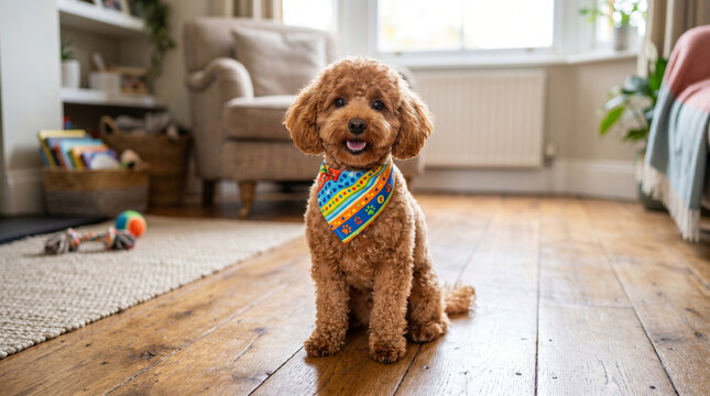Cute Brown Toy Poodle Dog Wearing Colorful Bandana Sitting on Wooden Floor in Cozy Living Room