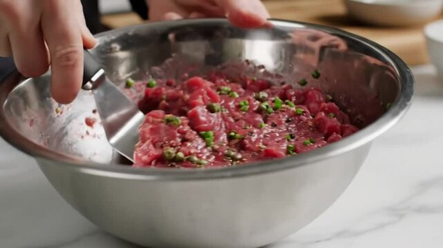 Chef mixes diced raw beef with seasonings and capers in a stainless steel bowl for a delicious appetizer