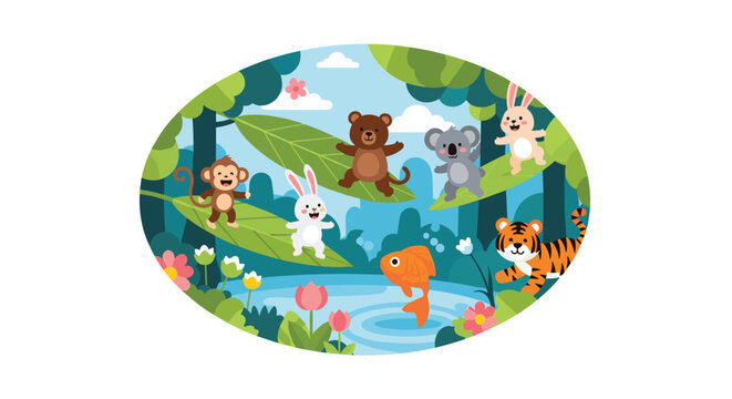 Cute cartoon animals like monkey koala and tiger playing on large green leaves above a blue pond in a vibrant forest illustration.
