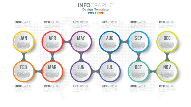 Timeline infographic template with 12 month.