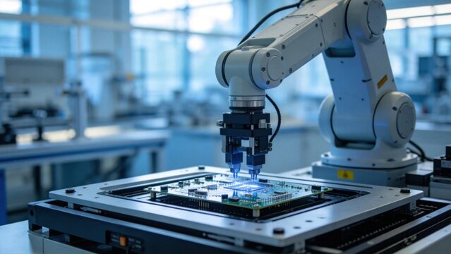 Industrial automation robot testing completed circuit board 