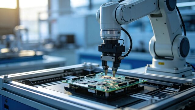 Industrial automation robot testing completed circuit board 