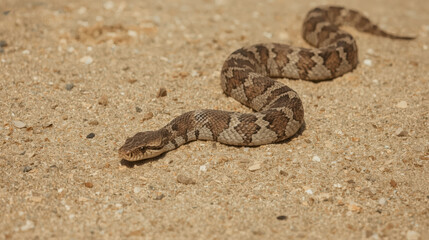 Obraz premium Brown patterned snake slithering across sandy desert surface with visible scale texture and calm