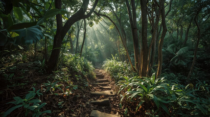 Fototapeta premium Lush rainforest trail with sunbeams filtering through dense green canopy, serene adventure mood