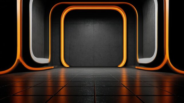 Interior architectural space features curving illuminated frames and dark tiled flooring