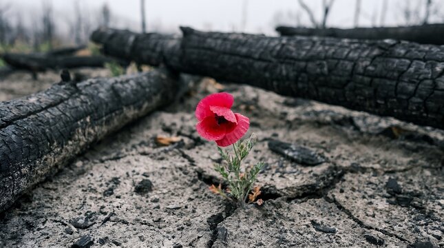 A single red poppy grows through charred remains.