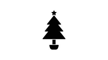 Christmas tree stands as a stylized black icon topped with a star to represent festive holiday celebrations. © yanto