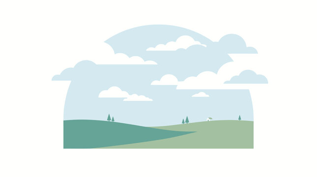 Minimalist landscape illustration with rolling hills and clouds