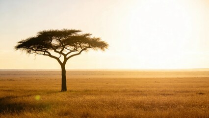 Fototapeta premium Vast African savanna stretching to horizon with acacia tree 