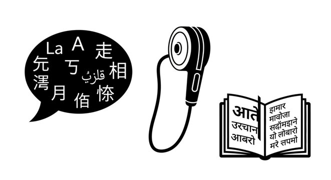 Multilingual Communication Concept: Earbud, Speech Bubble with Asian & Arabic Text, Open Book