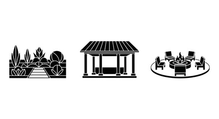 Obraz premium Outdoor Living Icons: Garden Path, Gazebo, Fire Pit Seating Area