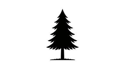 Pine tree silhouette stands as a bold black graphic element representing nature and the evergreen forest. © yanto