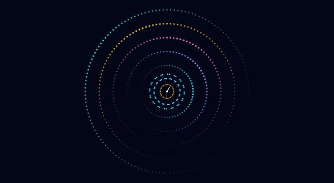 Abstract neon dotted circles rotating around clock animation